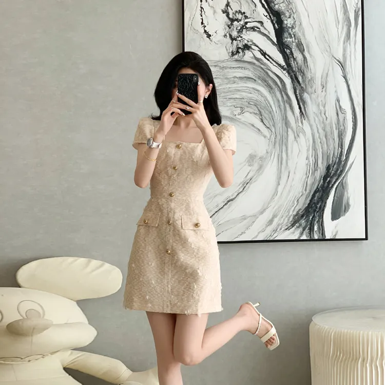 法式小个子拼接连衣裙夏季女2025新款方领修身显瘦收腰设计感裙子