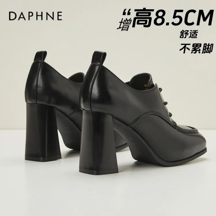 达芙妮方头深口高跟鞋女2025新款春季黑色粗跟单鞋法式系带小皮鞋