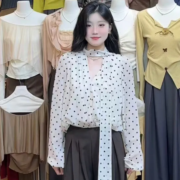 复古波点飘带设计感小众气质显瘦衬衫上衣女2025秋季新款韩系小衫