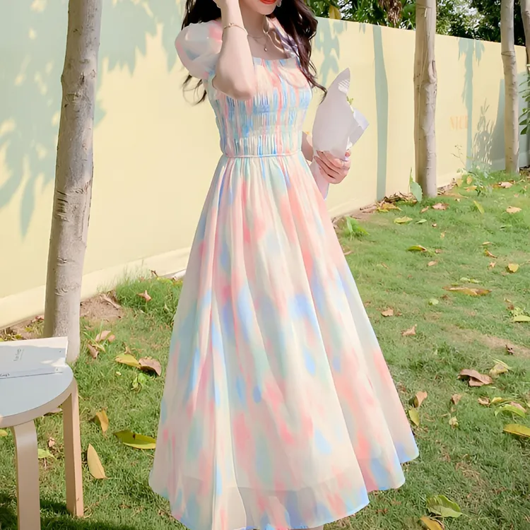 全网爆款法式方领短袖碎花气质收腰显瘦小清新泡泡女式衬衫泡泡袖