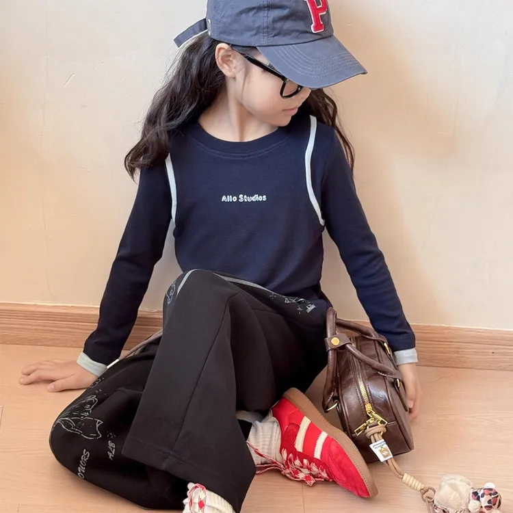 女童T恤套装2025新款女孩秋季韩系长袖打底衫儿童洋气印花休闲裤9