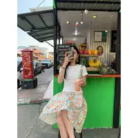 70不是七十【南法茉莉】春季棉感印花低腰碎褶中长款宽松半身裙