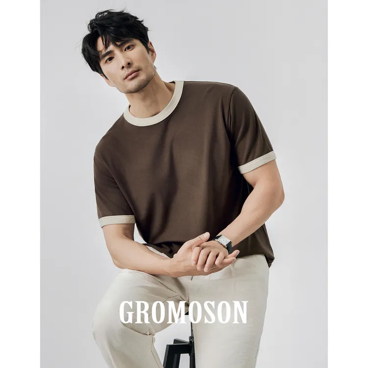 意式绅士 秋季圆领休闲针织打底衫男士高级感时尚撞色拼接短袖T恤