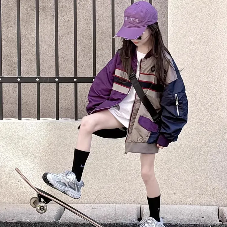 女童春秋装韩版撞色外套2025新款洋气棒球服夹克衫宽松上衣开衫潮
