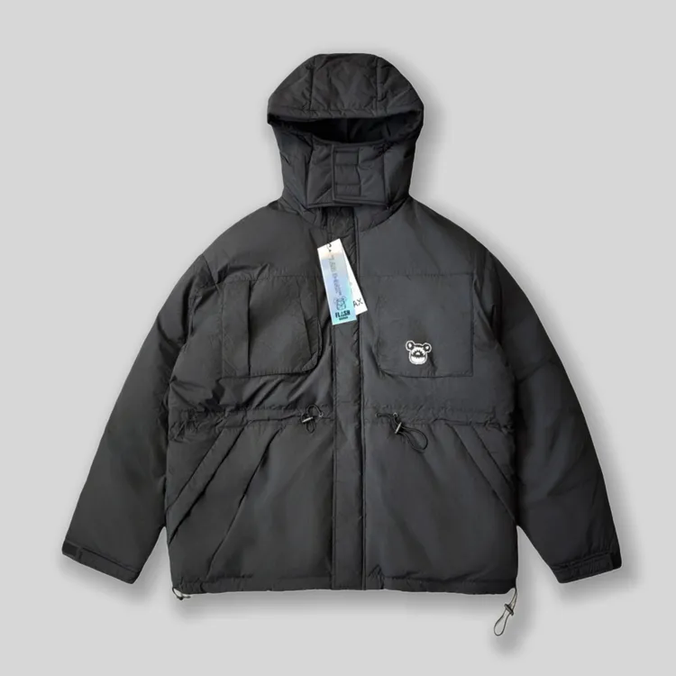 潮牌黑色多口袋面包连帽羽绒服休闲宽松保暖高充绒量羽绒外套
