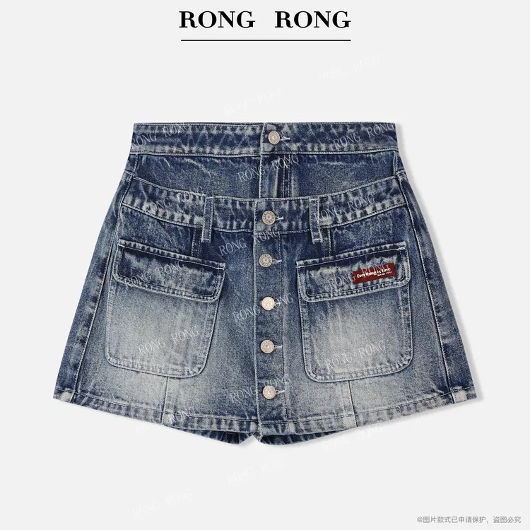 溶溶T【复古辣妹】RONG 棉混纺美式复古工装风牛仔短裤裤裙RR5596