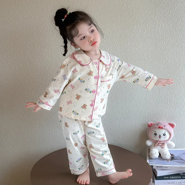 儿童家居服纯棉套装A类女童卡通春秋翻领睡衣女宝宝长袖长裤全棉