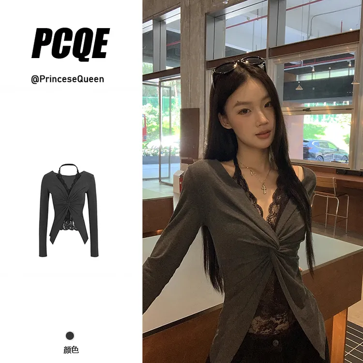 设计感长袖打底衫女2025新款初秋韩系穿搭蕾丝t恤假两件辣妹上衣