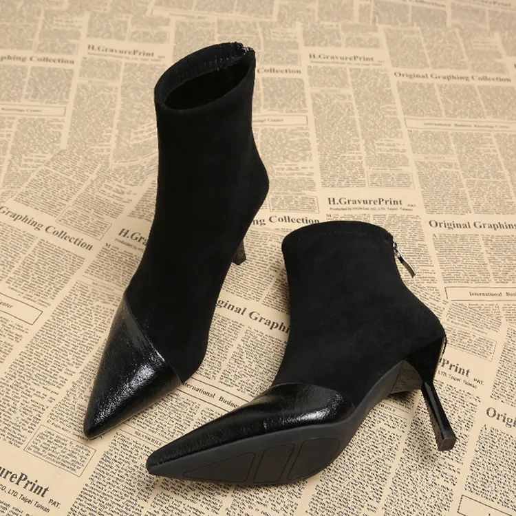 欧洲站尖头细跟绒面弹力短靴女2025新款配裙子高跟靴小个子马丁靴