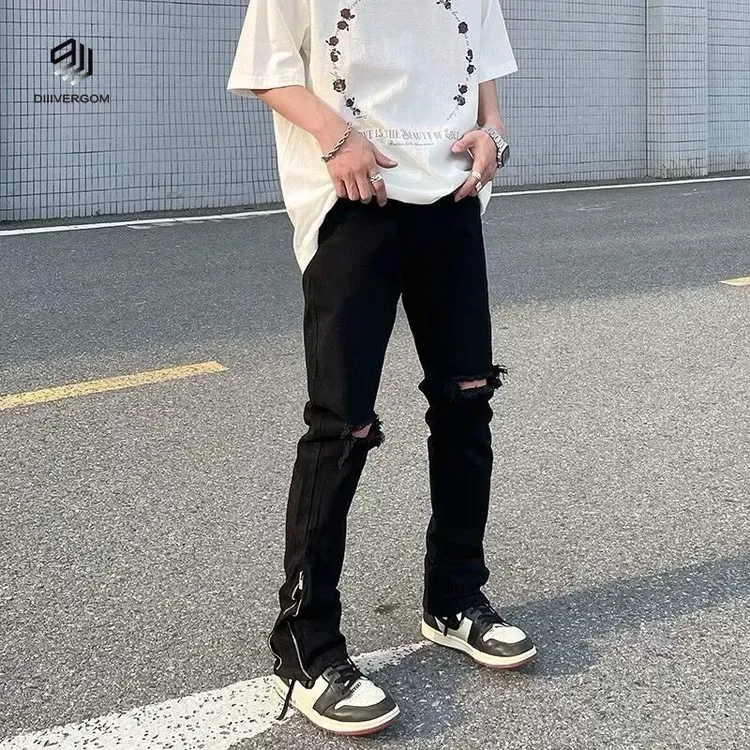 DIIIVERGOM黑色破洞牛仔裤男夏季潮牌高街宽松直筒裤美式港风纯色
