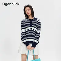 北欧时刻复古条纹撞色毛衣女2025年秋季新款Polo领宽松针织衫上衣