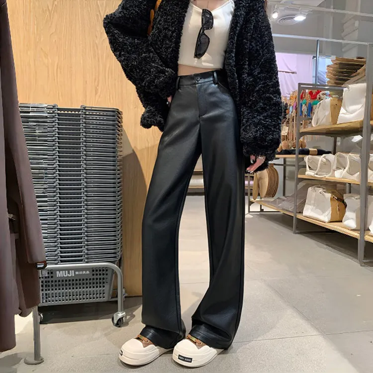 黑色机车PU皮裤阔腿裤女2025加绒新款高级感显瘦垂感休闲西装皮裤