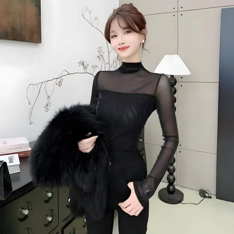 黑色拼接网纱打底衫女秋季新款性感时尚个性长袖t恤修身热辣上衣
