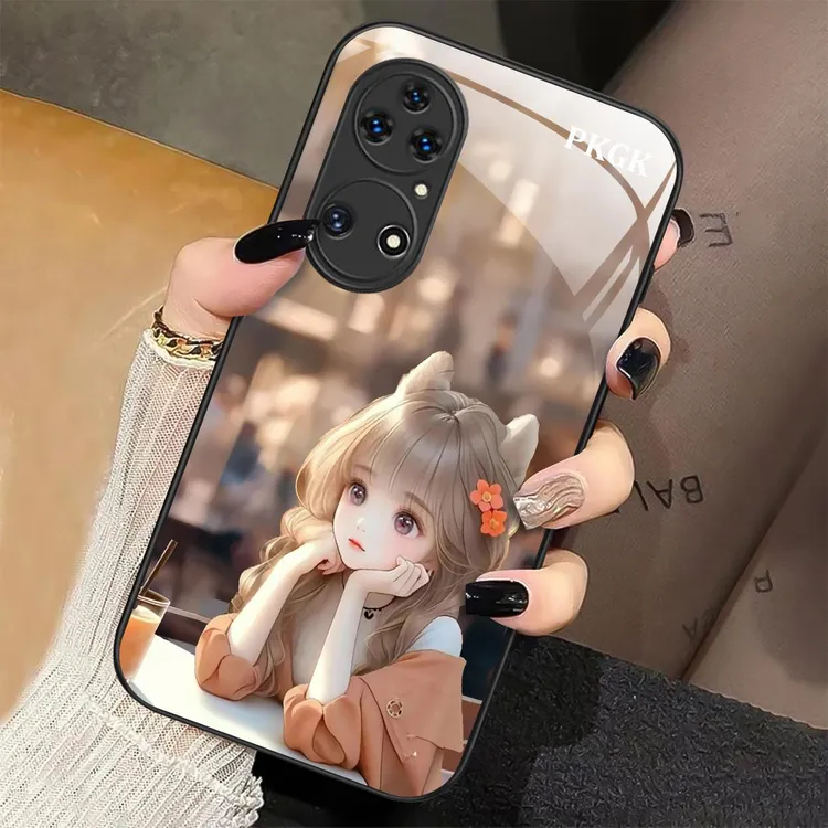 适用【华为P50 Pro】思考女孩液态玻璃手机壳 超薄防摔刮 网红潮流