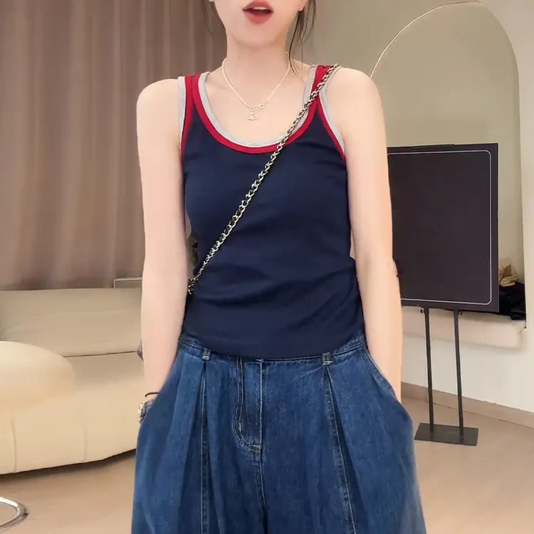 欧洲站撞色U领吊带背心女2025春秋新款修身显瘦百搭无袖打底衫潮