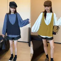 二姐的宝藏早秋韩系圆领极简宽松显瘦衬衫＋毛衣背心两件套#25300