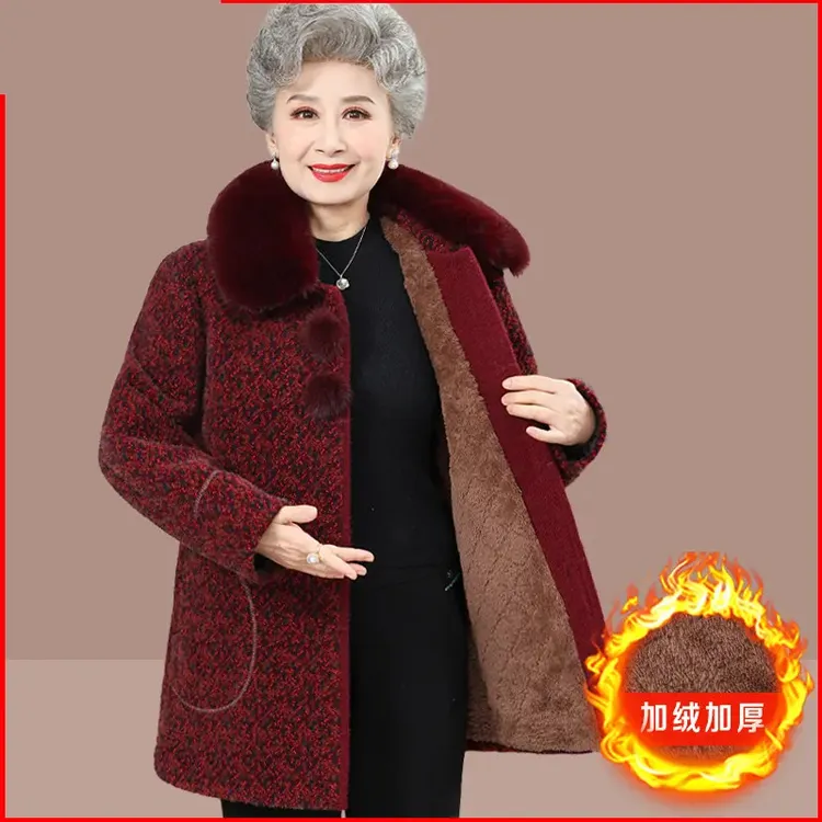 奶奶冬装水貂绒大衣加绒加厚棉衣老年人妈妈女装外套岁老太太衣服