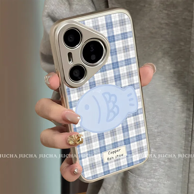 格纹鲷鱼烧适用苹果16pro手机壳简约华为mate70全包小米15防摔