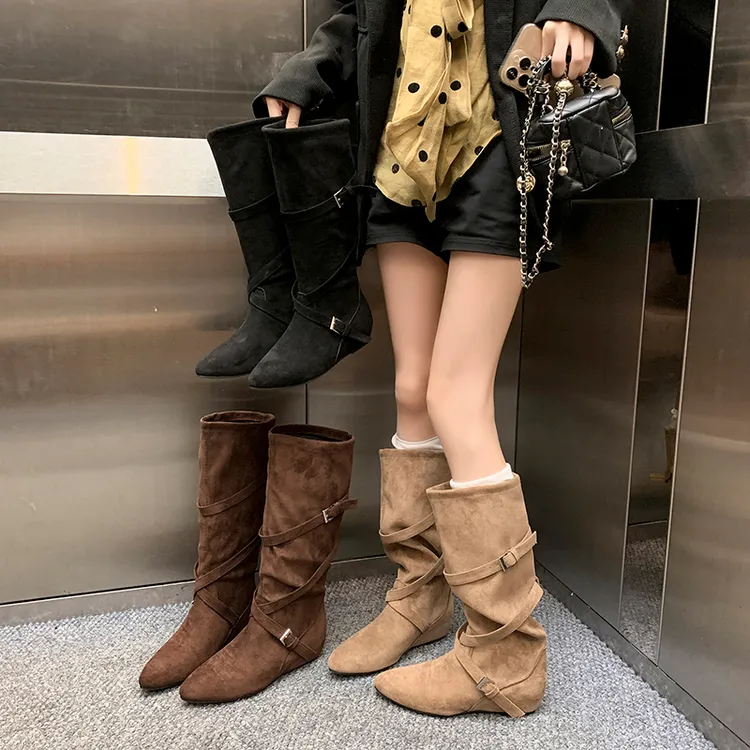 内增高6cm显瘦长筒靴女2025秋冬新款高筒褶皱堆堆靴子西部牛仔靴