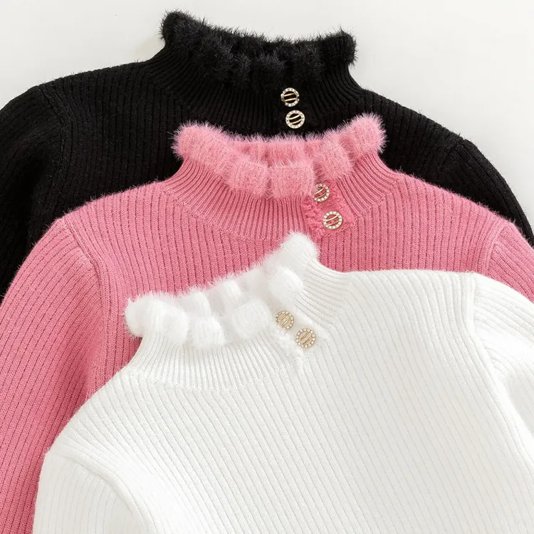 女童一体绒木耳毛衣2024秋冬新款洋气儿童女孩加厚针织打底衫纯色