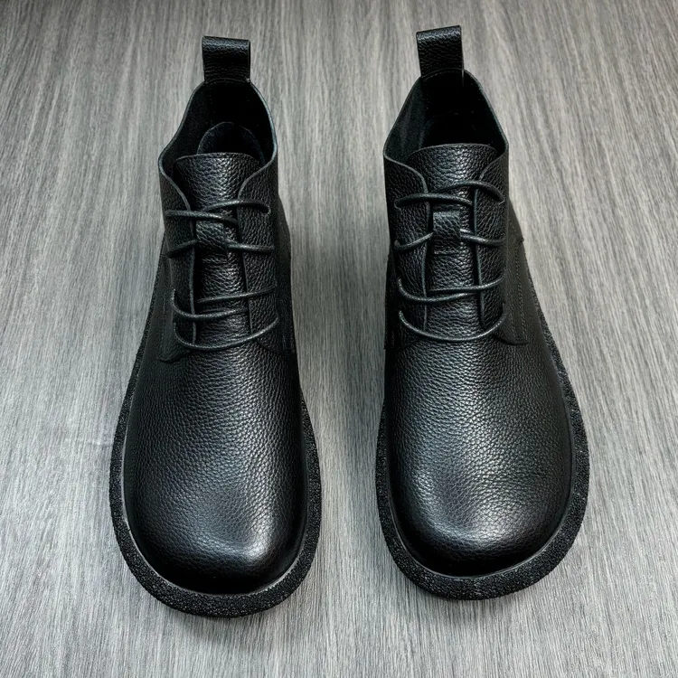 秋冬软面头层牛皮男士休闲马丁靴透气真皮中帮靴黑色系带简约男鞋