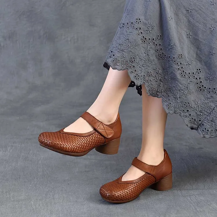头层牛皮编织复古粗跟单鞋女中跟休闲民族风粗跟一字带玛丽珍女鞋
