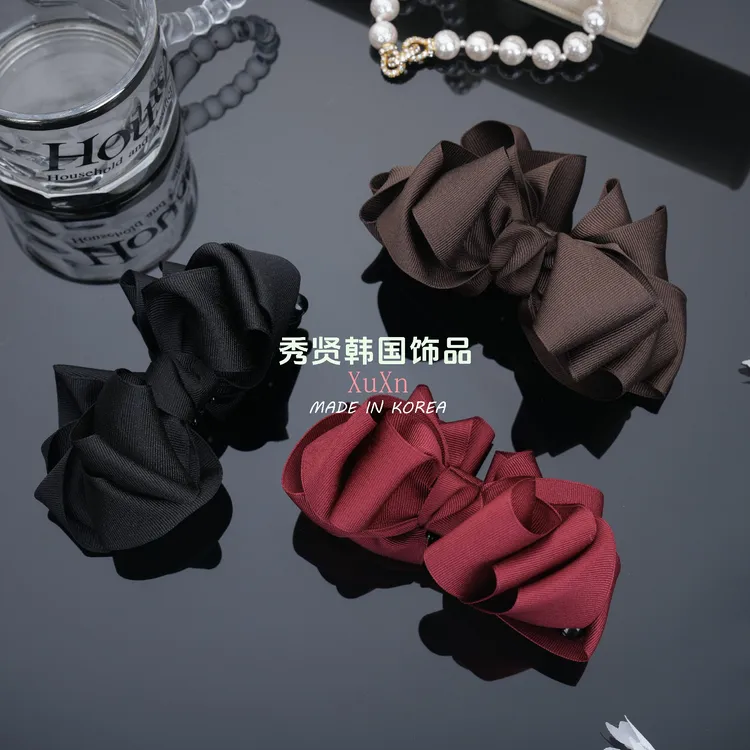 秀贤布艺三层蝴蝶结竖夹气质百搭黑色法式简约韩版优雅秋冬ins