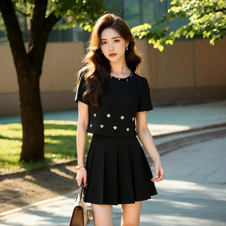 奢姿大码女装2025夏季花朵立体装饰松紧两件套胖妹妹小香风套装