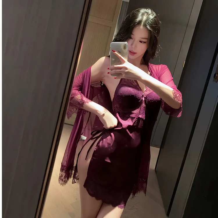 缚光色缚光禁区性感紫色网纱禁欲系深V修身吊带睡裙夏季轻奢套装