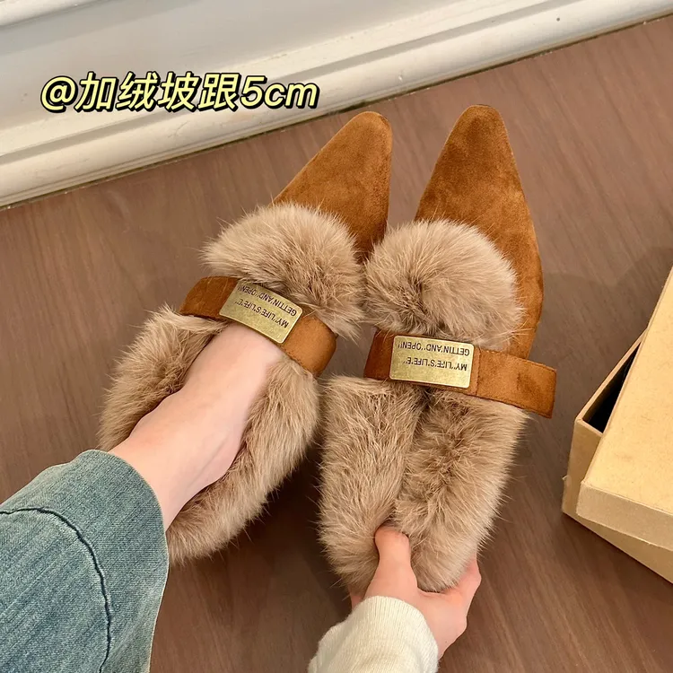 titing老钱风精髓！复古绒面毛毛金属扣单鞋女冬加绒内增高单鞋