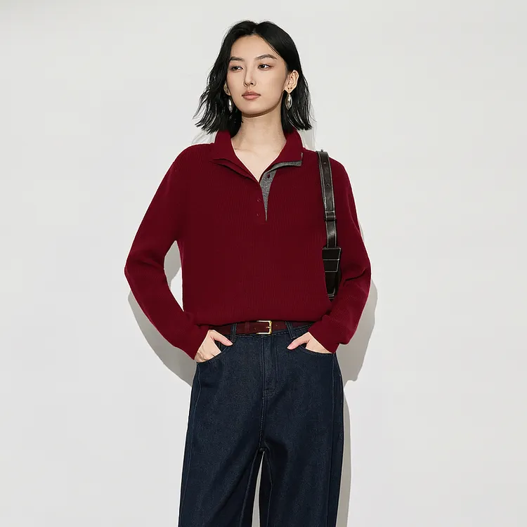 XG雪歌酒红色撞色翻领针织衫复古polo领软糯长袖上衣XL411623A815