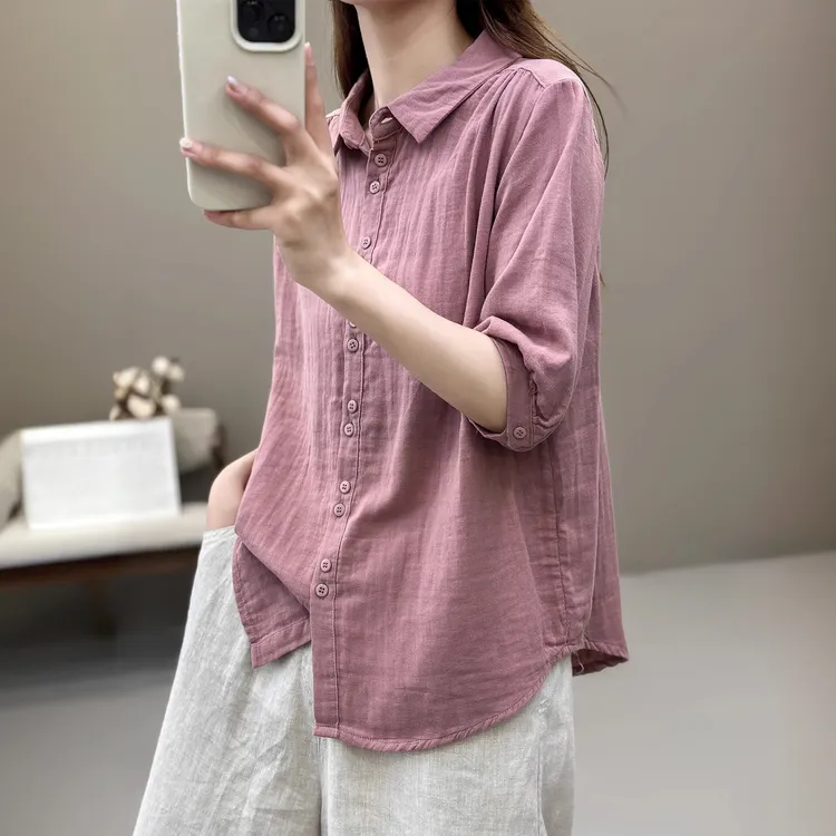 文艺双层纱纯棉宽松短袖衬衫女士五分袖夏季简约休闲中袖纯色上衣
