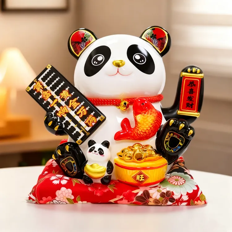 新款可爱陶瓷招财熊猫摆件电动摇手店铺开业礼品家居客厅装饰摆件
