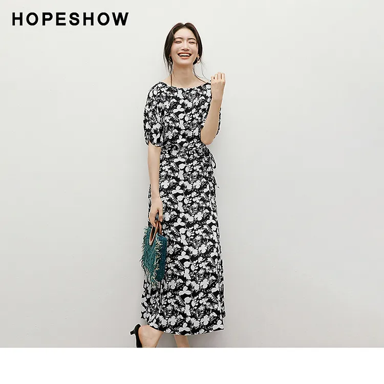 红袖2025夏季女装【树叶剪影】收腰一字领印花连衣裙90125131604