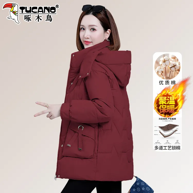 啄木鸟红色棉衣女款爆款2025新款冬季妈妈洋气棉袄中长款棉服外套