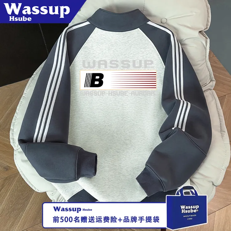 WASSUP HSUBE美式流行印花秋冬宽松字母休闲长袖立领拉链情侣上衣