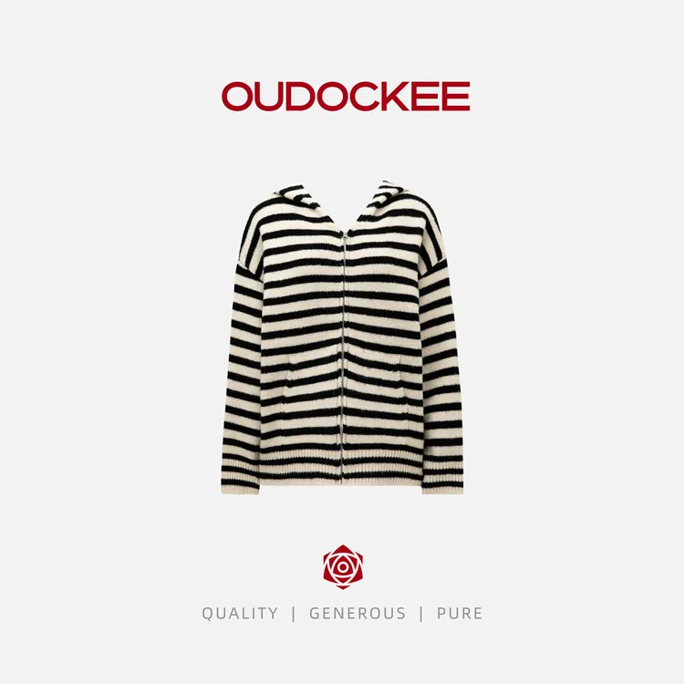 OUDOCKEE 鸥鸥【绵羊毛】条纹连帽时髦拉链减龄针织衫 M2503W586T