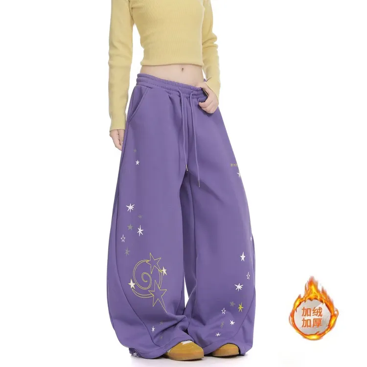 美式辣妹紫色星星结构加绒弯刀休闲裤女秋冬保暖宽松爵士舞阔腿裤