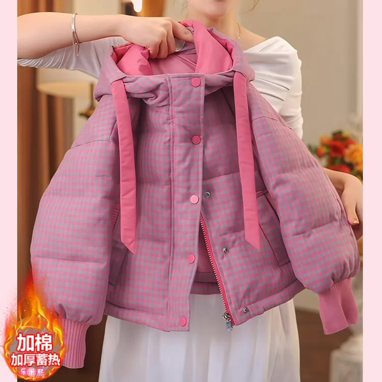 女童格子服2025新款冬装中大童加厚外套棉衣连帽面包服棉袄