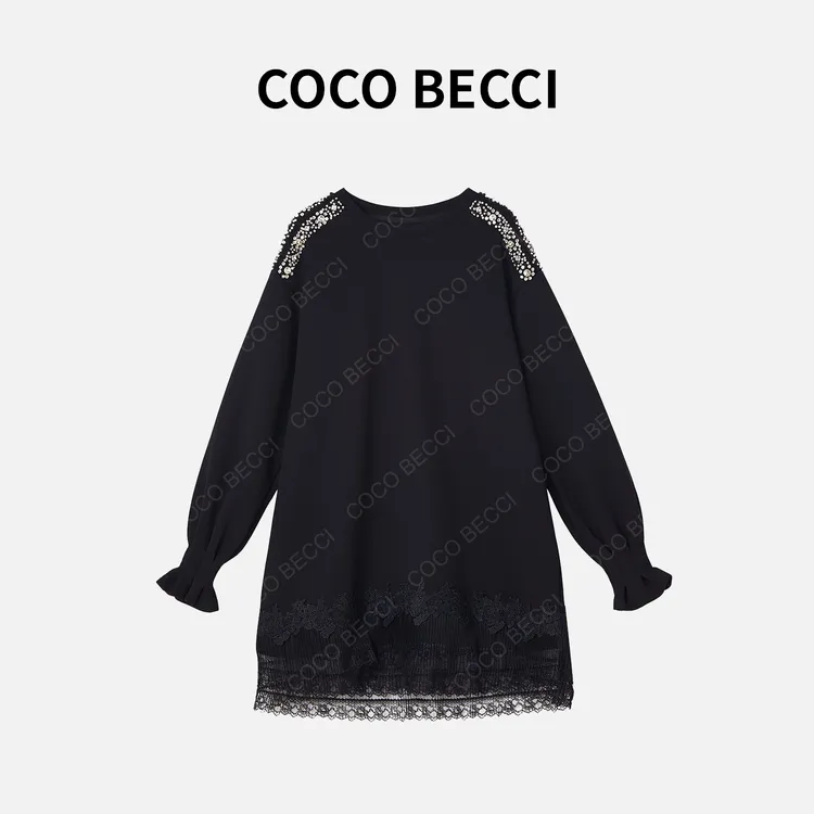 COCO BECCI【定格美好】重工蕾丝加绒长款卫衣YT24YW140012