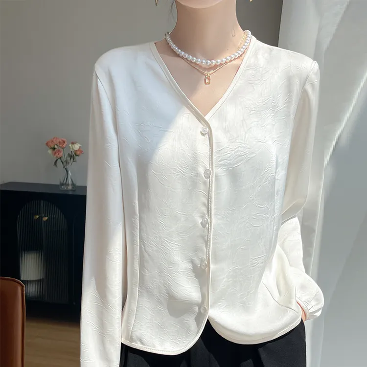 夏季醋酸缎面长袖开衫女V领提花宽松显瘦衬衫高级感外搭上衣T恤衫