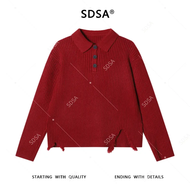 SDSA男士秋冬新款痞帅男装纯色polo领毛衣下摆流苏设计百搭针织衫