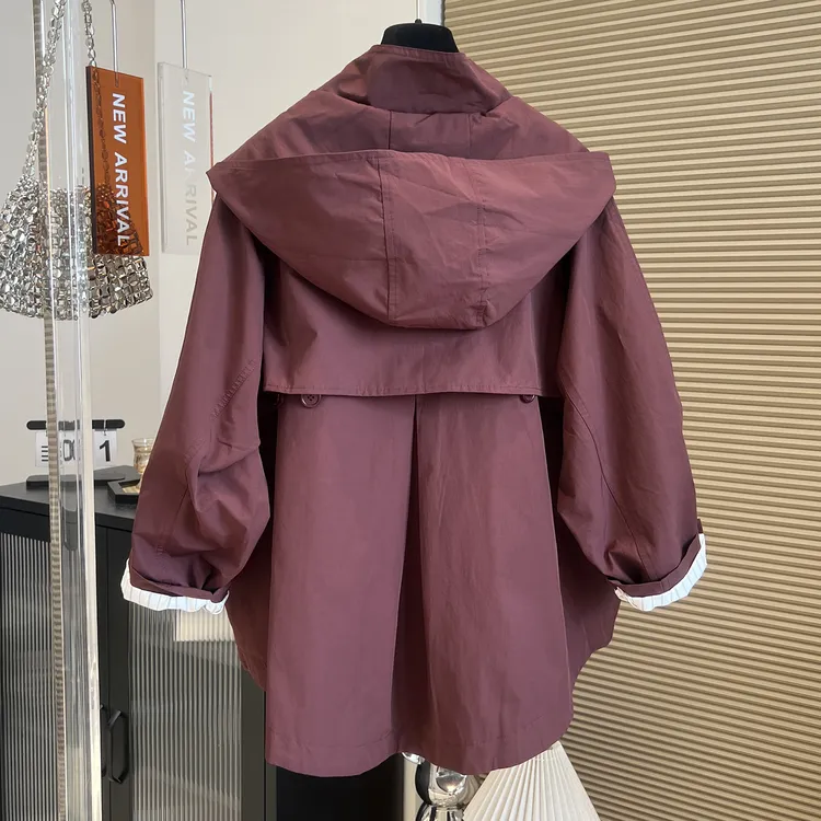洋气显瘦安可拉红色中长款连帽宽松风衣女2025早秋新款慵懒风外套