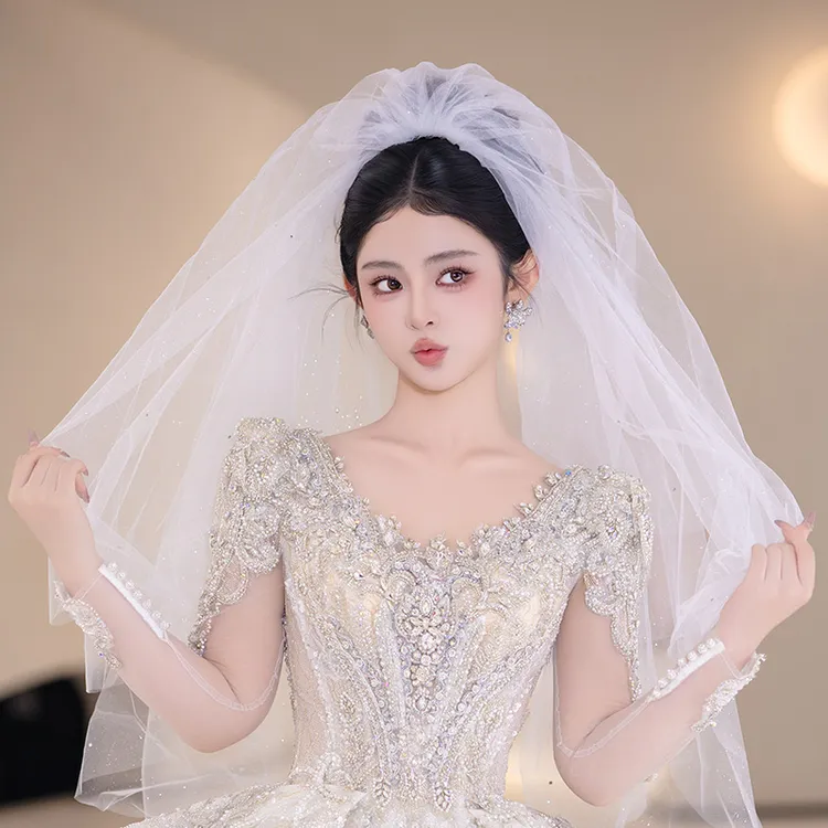 非金属布艺婚庆饰品 新娘韩系白色双层细闪发梳头纱时尚配饰M611