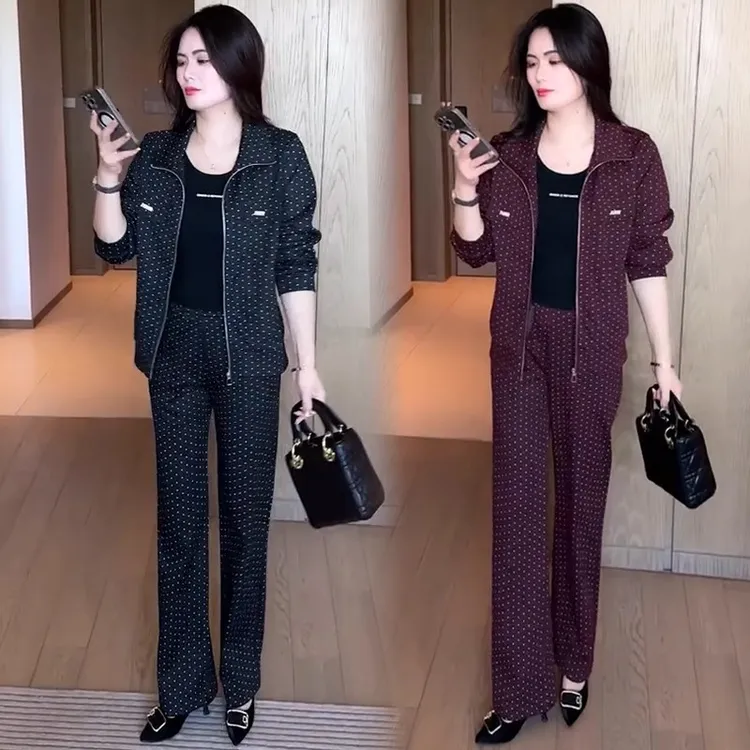 时尚休闲套装女2025秋季新款洋气显瘦波点立领外套阔腿裤两件套潮