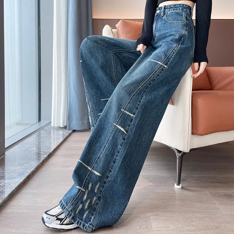 蜜蜜穿搭加绒加厚美式复古弯刀2025冬宽松侧边拼接破洞磨破阔腿裤