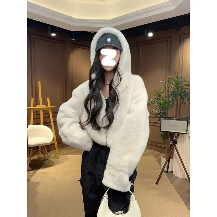 冬季加厚软糯连帽毛毛外套女韩系高级感环保毛皮草上衣