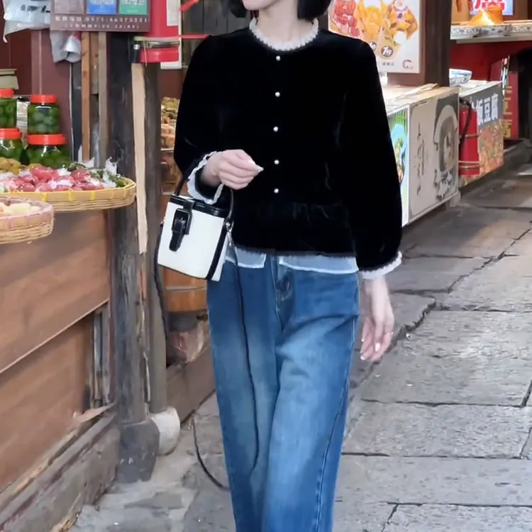 (有运费险）时尚气质设计感黑色丝绒开衫假两件衬衫早秋款百搭上衣