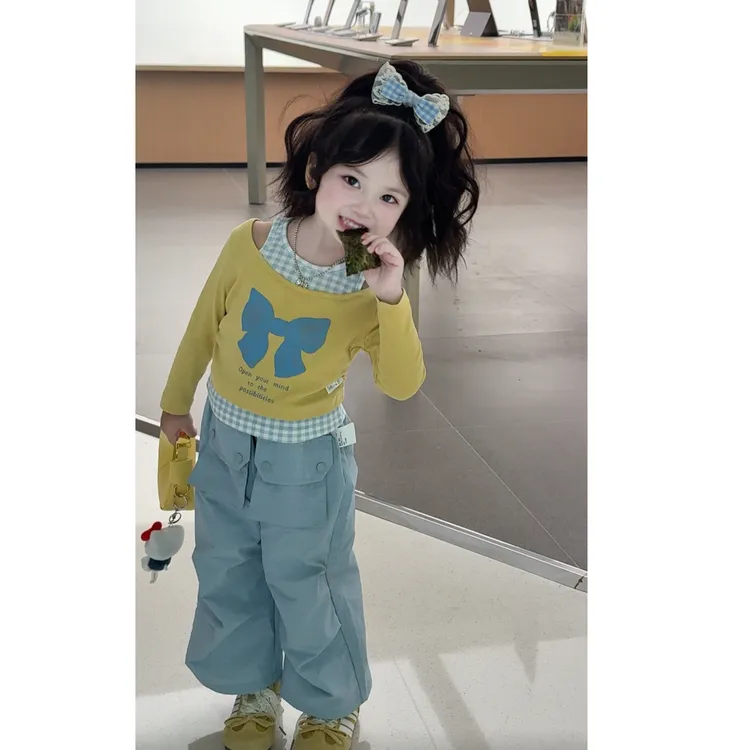 女童韩版假两件T恤套装25秋季儿童洋气长袖时髦上衣小女孩工装裤t