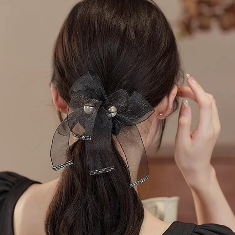 法式珍珠蝴蝶结欧根纱大肠发圈女时尚百搭头绳高级简约皮筋发饰女